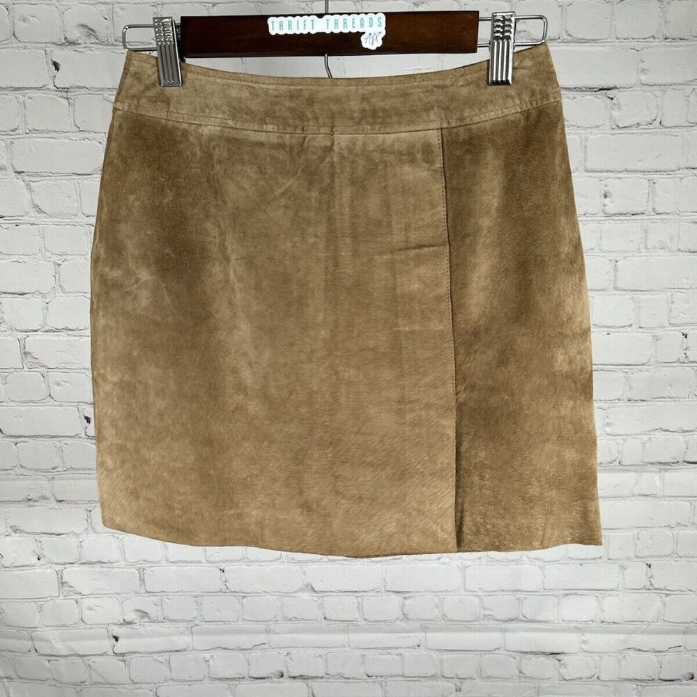 ESPRIT Brown Leather Suede Front Slit Pencil Straight Mini Short Skirt Women 3/4